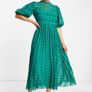 ASOS DESIGN high neck pleated chevron textured midi dress with puff sleeve